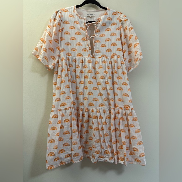 SOHANA Sunshine Tie‎ Front Swing Dress in White and Orange - M - Picture 1 of 15
